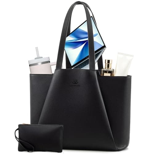 LOVEVOOK Laptop Bags for Women, 15.6 inch Handbags Tote Bags with Compartments, PU Leather Shoulder Work Bag Ladies Handbags with Purse for College Office Business Shopping, Black