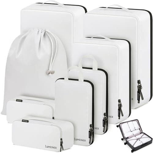 Compression Packing Cubes, Lumesner 8 Set Travel Essentials Packing Cubes for Carry on Suitcases, Compression Suitcase Organizers Bag Set & Travel Cubes (8-piece, White)