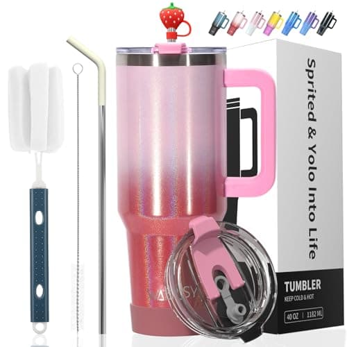 WATERSY Travel Mug Coffee Cup 40oz Tumbler Straw Lid and Handle, Stainless Steel Double Wall Vacuum Insulated Coffee Water Bottle Thermal for Cold Hot Coffee 1182ml Shiny Red