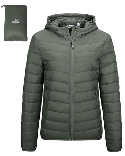 Outdoor Ventures Women's Winter Lightweight Puffer Jacket with Hood, Warm, Short, Packable, Quilted, Transitional, Padded Jacket for Ladies, Lined for Hiking, Travel Army Green 2XL