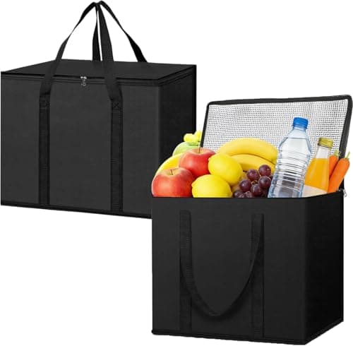 2 Pack Insulated Cooler Bags, Medium Thermal Lunch Bag for Hot Food Delivery with Dual Zippers, Reusable Foldable Picnic Tote for Camping BBQ Beach Grocery Shopping (30x25x25cm Black)