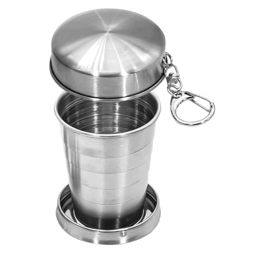 OWATRKDEY 1 Pack Stainless Steel Collapsible Cup, Portable Folding Shot Glass with Lid & Keychain, Compact Travel Cup for Camping, Hiking & Outdoor Use (Silvery, 2.5 oz / 75 ml)