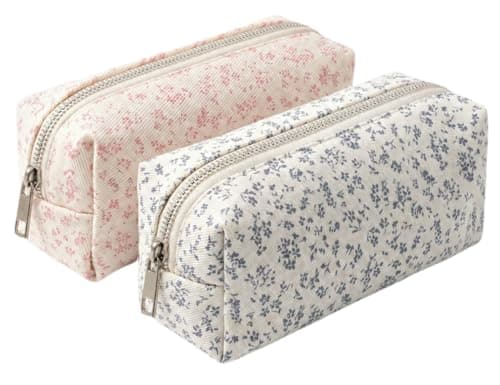 2pcs Pencil Case for Girls, Large Capacity Pencil Cases Flowers, Cute Pencil Pouch, Personalised Big Oencil Cases, Fabric Pencilcase Essentials School Supplies Stationery Organizer for Teenage Women