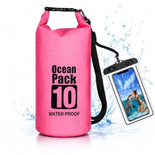 Waterproof Dry Bag 10L with Phone Pouch, Roll Top for Kayak & Beach (Pink)