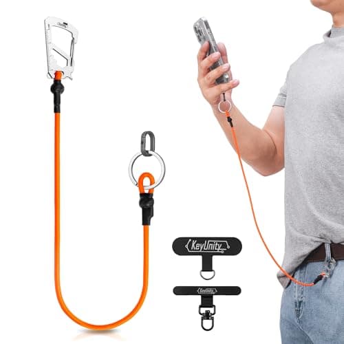 KeyUnity KC05 Cell Phone Lanyard, Anti Theft Phone Strap with Multi-Tool Carabiner, Keychain Lanyard Stretchy Tether (Orange)