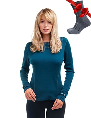 100% Merino Wool Base Layer Womens - Long Sleeve Thermal Shirts + Socks (Small, 250 Deep Teal)