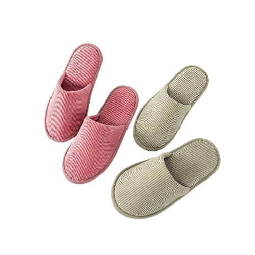 EQLEF 2 Pairs Washable Guest Slippers for Home, Hotel & Travel Premium Corduroy Indoor Slippers Non-Slip Lightweight Spa Slippers for Women and Men (Pink and Green for Women in UK Size 3-5)