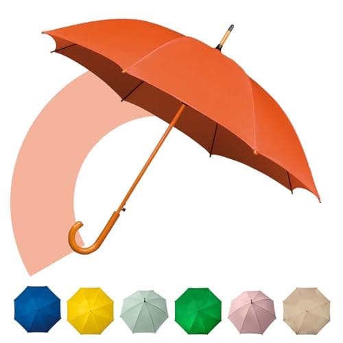 Jollybrolly Large Umbrella Orange| Wooden Walking Stick Umbrella, Crook Handle Large Canopy for Sun Protection Rainproof | Strongest Windproof Travel | Mens Umbrella Waterproof Long Stick