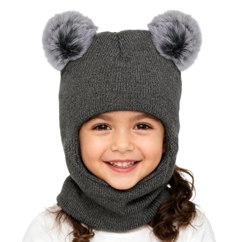 CERCTLA Kids Winter Warm Hat, Baby Warm Balaclava Cute Bear, Multifunction Thermal Windproof Knitted Hat Scarf Set for Girls Boys Toddler Grey