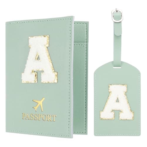 PATIKIL Passport Holder for Travel, Initial Passport Cover and Luggage Tag Set with Alphabet Chenille Letter Patch Travel Wallet Bag Suitcase Identifier for Women Family Travel Green A