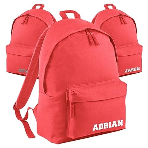 Print Maniacs Personalised School Backpack Large 18L Kids Travel Rucksack Junior Shoulder Collage Rucksack Back To School Lunch Swimming P.E Laptop Book Bag Small Name (Coral)