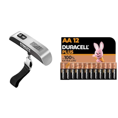 Etekcity EL11 Luggage Scale, Digital Portable Handheld Suitcase Weight for Travel with Rubber Paint & Duracell Plus AA Batteries (12 Pack) - Alkaline 1.5V - Up To 100% Extra Life