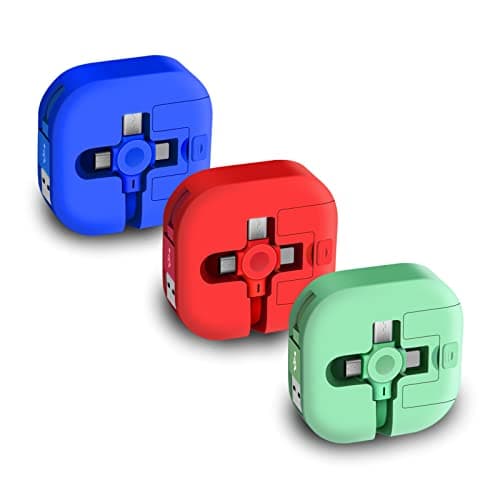 3 Pcs Retractable 3-in-1 USB Charging Cable, 3.28ft USB A to USB-C/Micro USB/Apple Device Interface, Fast Charging & Data Sync, Compatible with iPhone/Android/Tablet (Blue+Green+Red)