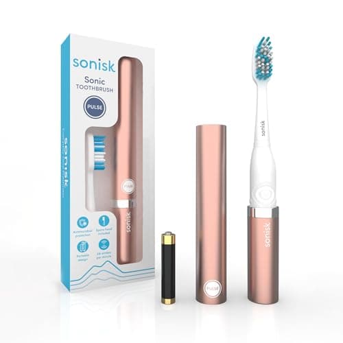Sonisk Pulse | Battery Powered Electric Toothbrush | Portable Travel Size with Antimicrobial Sonic Technology | 1x Battery, 2X Brush Heads, 1x Travel Case Included (Rose Gold)