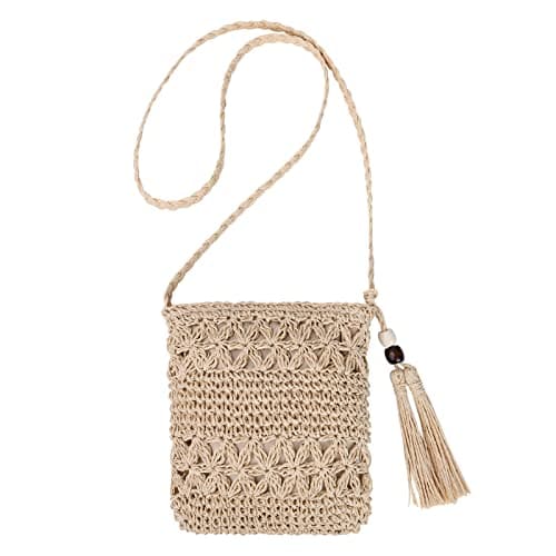 Aucuu Straw Bag for Women, Summer Beach Straw Purse with Tassel, Weave Handmade Single Crossbody Bag with Zipper, Bohemian Shoulder Purse for Summer Beach Travel