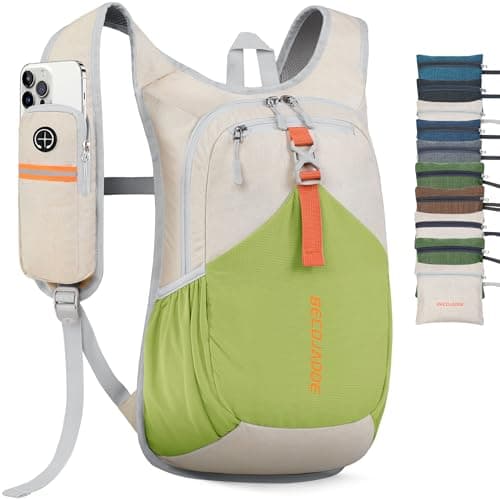 BECOJADDE 15L Hiking Backpack for Men Women Foldable Small Rucksack Lightweight Mini Backpack for Camping Travel Outdoor, Beige Green