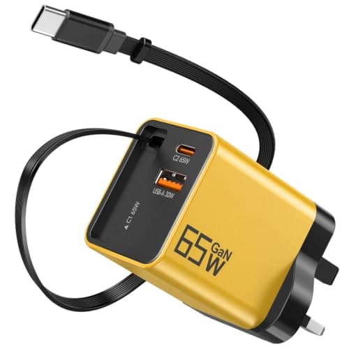 65W GaN USB C Charger 3-Port with Retractable 0.7m Cable(Yellow)