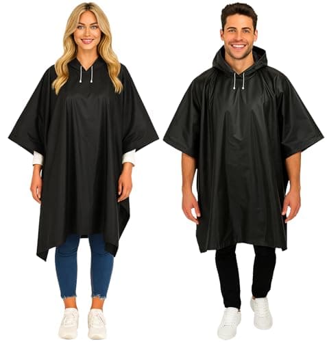 2 Pack Adult Raincoats - Waterproof Rain Coats for Men or Ladies - Reusable Poncho Festival Accessories - Black