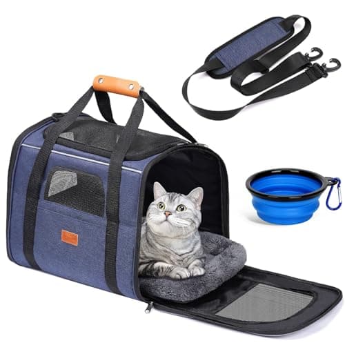 Morpilot Cat Carrier - Airline Approved, Top Opening Portable Dog Bag with Breathable Mesh/Removable Mat, Adjustable Shoulder Strap & Bowl, Foldable Travel Cage, M, Denim Blue (Max 7kg)