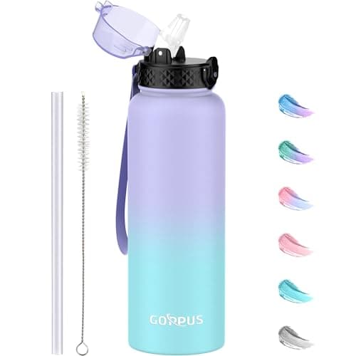 GOPPUS 1.2L/40oz Stainless Water Bottle with Straw Double Wall Insulated Bottles with Strap Large Vacuum Thermal Flask Leakproof Keep Cold Drinks Bottles with Flip Top Lid for Men Women BPA Free