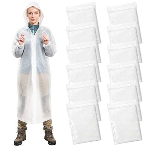 DEAYOU 12 Pack Rain Ponchos for Adults Reusable, Long Raincoats with Drawstring Hood, Waterproof EVA Emergency Rain Jackets for Women Men, Travel, Camping, Hiking, Packable, Family Pack, Transparent