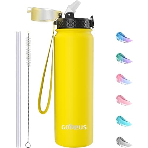 GOPPUS 1L/32oz Stainless Water Bottle with Straw Double Wall Insulated Bottles with Strap Reusable Vacuum Thermal Flask Leakproof Keep Cold Drinks Bottles with Flip Top Lid BPA Free (Yellow)