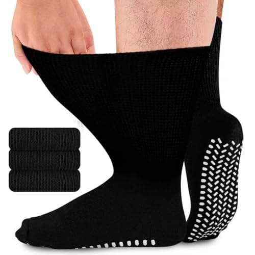 inaWarm Diabetic Grip Socks for Men & Women, 3 Pairs, Extra Wide Black 9-12