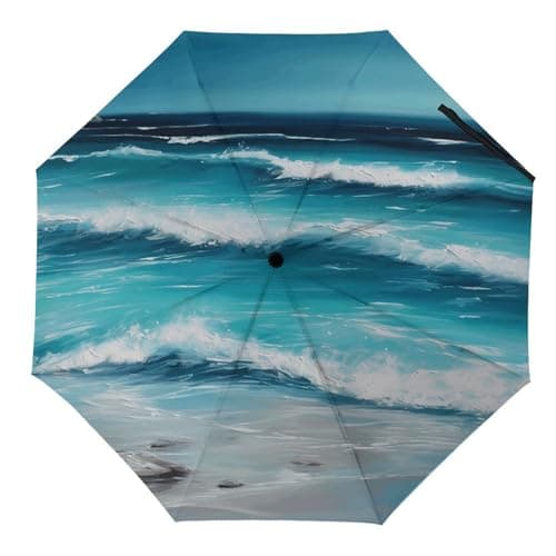 BVKWNTSA Windproof Travel Umbrella Turquoise Beach Original Seascape Compact, Light, Automatic, Sturdy And Portable, with Umbrella Cover, Suitable for Both Men And Women