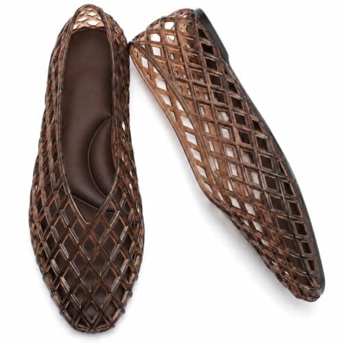 Jelly Shoes for Women PVC Jelly Flats Slip On Mesh Lattice Sandals Brown