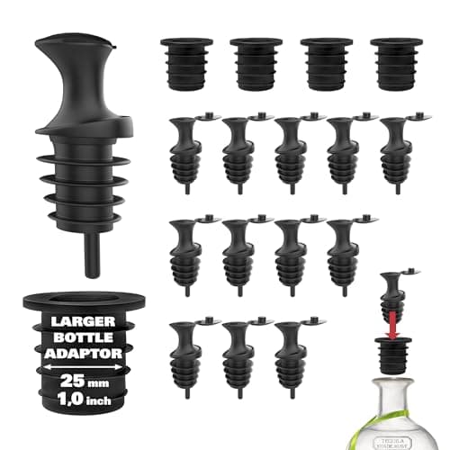 Esatto Pour & Seal Plastic Pourer with Lid - 12 Pieces & 4 Cork Adaptors for Precision Pouring, Pour Spouts for Bottles, Liquor Bottle Pourers for Alcohol & Olive Oil, Bar Bartender Accessories
