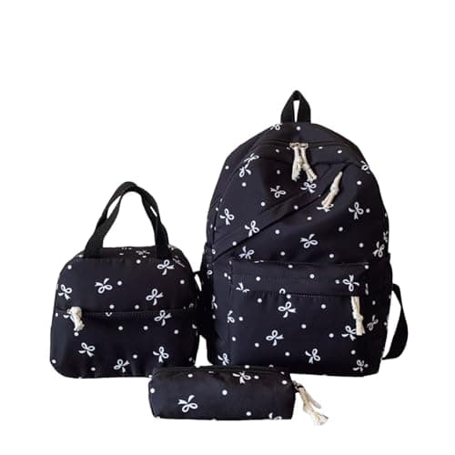 Black School Bag for Girls Boys Kawaii Bow Backpack with Lunch Bag Pencil Case 3PCS Set Coquette Style Daypack for Teens Primary Secondary Middle School Kids Outdoor Activities Hiking Daypack Age 6-18