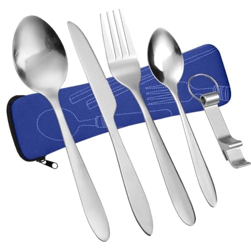 Vicloon 5 Pcs Cutlery Set with Portable Pouch Case, Stainless Steel Flatware Set with Bottle Opener, Travel Cutlery Set with Spoon, Knife, Fork, for Camping Picnic Office School Lunch, Dark Blue