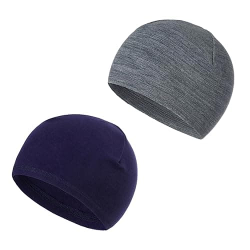 KASLCWA 2 Packs Winter Thermal Fleece Running Hat, Lightweight Thermal Fleece, Beanie Cap Headwear with Ear Covers for Running Cycling Sleeping for Adults Men Women(Light Gray, Navy Blue)