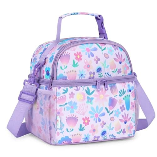 VASCHY Lunch Bag for Girls, Insulated Lunch Box Bag Double Decker Cooler Lunch Tote for Toddlers Kids Women School/Daycare/Picnic Lavender Floral