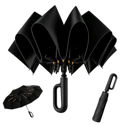 NKFBEV Travel Umbrella with Carabiner Handle, Windproof Umbrella for Rain and Sun, 10 Ribs, Auto Open Close, UV Protection, Compact Portable, Travel Umbrella Compact for Women Men Kids (Black)