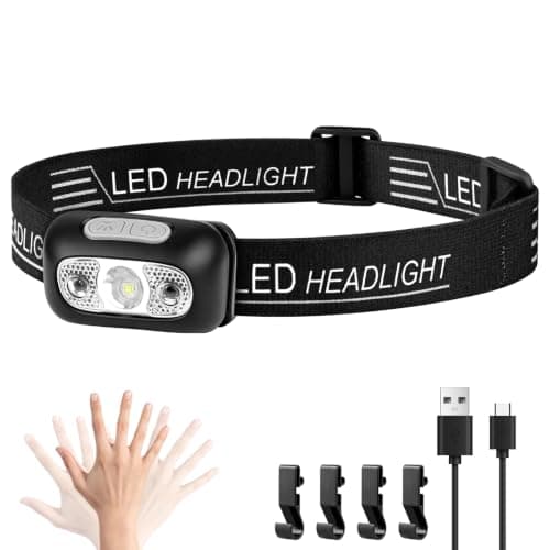 Head Torch Rechargeable, 1 Pack Waterproof LED Headlamp with Hands Free Sensor Control,16Hrs Runtime,7 Lighting Modes, for Running Fishing Camping, Super Lightweight Headlight for Kids & Adults-Black