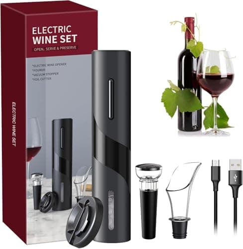 MAGDEN Electric Wine Opener Set, Rechargeable Wine Bottle Opener Set, Cordless Automatic Corkscrew with Foil Cutter, Pourer, Vacuum Stopper, USB Charging Cable, Gift for Wine Lovers, Black
