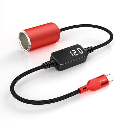 J&D USB C to 12V Cigarette Lighter Adapter, USB C DC 12V 18W Car Cigarette Lighter Socket Converter Cable for Dash Cam, GPS, Driving Recorder, Supports Voltage Display, Red, 1.5 Meter