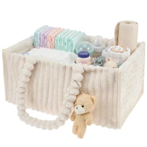Eyoulife Diaper Caddy Organizer with Cute Bear Pendant, Soft Nappy Caddy Organiser with Removable Dividers, Portable Baby Storage Basket for Changing Table, Nursery, Car and Travel(White)