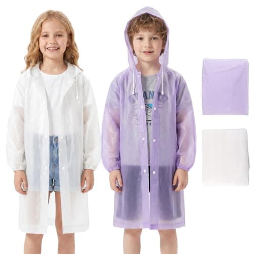 GOZINA Kids Rain Poncho Waterproof, Thickened EVA Raincoat with Hooded Drawstring & Snap Buttons, Portable Rain Coats for Boys Girls School Travel Outdoor (White + Purple)