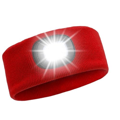 Xerteam LED Lighted Headband, USB Rechargeable Night Running Headlamp Running Lights for Runners with 4 LED, Head Torch Stretchy Waterproof, Hands Free Flashlight for Runners Dog Walking Hiking (Red)