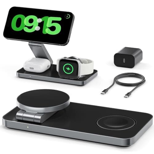 3 in 1 Wireless Charging Station for Apple Devices, Magnetic Foldable Travel Fast Charger Stand Compatible with MagSafe for iPhone Air/17/16/15/14/13/12 Series, Apple Watch & AirPods Pro/4/3/2-Black