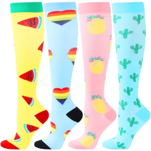 BISOUSOX 4 Pairs Compression Socks for Women Men Flying 15-20 mmHg Flight Socks for Men Women Knee-High Ladies Flight Socks Sport Running Socks Pregnancy Compression Stockings Gift for Pregnant Woman