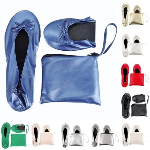 Momolaa UK 7 Ladies Roll up Shoesportable Travel Ballet Flat Fold up Pumps After Party Shoes Slipper (with Carrier Pouch) A0_Clearance Blue