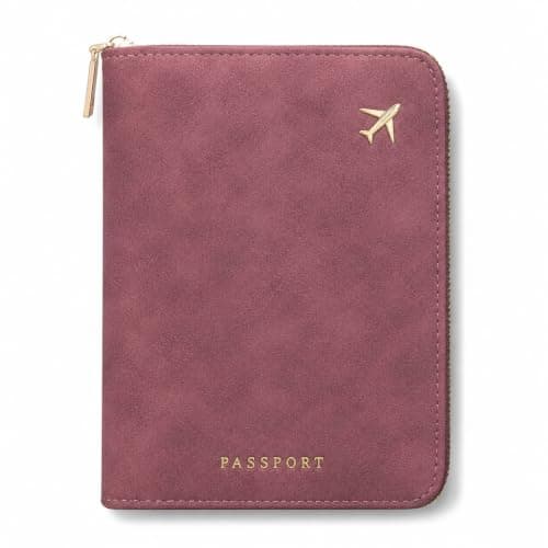 RFID Blocking Zip Passport Holder, Suede Faux Leather Travel Wallet, Anti Theft Multi Slot Passport Cover with Card Cash Ticket Slots, Plane Embossed Travel for International Trips, Dusty Rose Pink