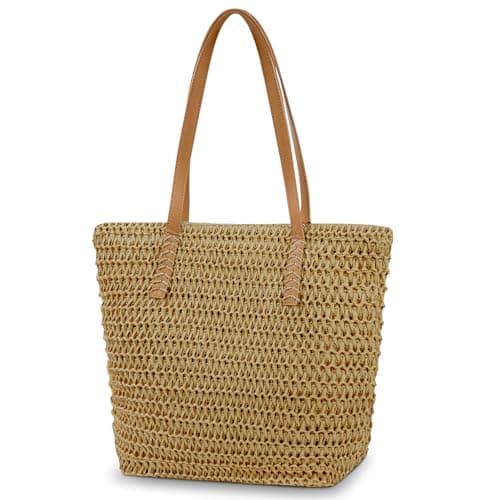 Aucuu Straw Shoulder Bag, Straw Bag for Women, Beach Bag, Large Zippered Handbag Tote Bag, Bohemian Summer Handheld Shoulder Bag for Outdoor Travel and Beach (Caramel)