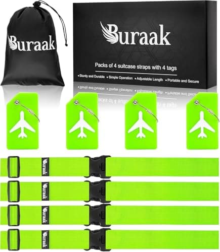 (8 Pcs) 4 Luggage Straps and 4 Name Tags with carry bag, Adjustable Suitcase Straps, Heavy Duty Luggage Straps for Suitcase, Thickened Suitcases Strap Suitcase Belts, High visibility