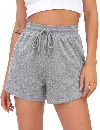Litherday Gym Shorts for Women UK Soft Lounge Shorts High Waist for Summer Daily Wear Comfy Hiking Travel Casual Sweat Shorts with Pockets Drawstring (Light Grey, M)