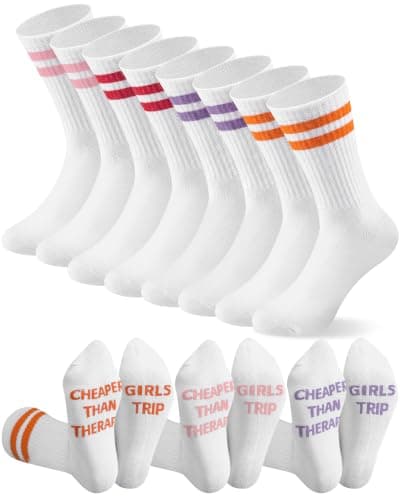 Hercicy 4 Pairs Girls Trip Themed Socks Girls Weekend Trip Gifts for Women Colorful Stripe Elastic Crew Socks for Weekend Travel Vacation Camping Bachelorettes Sisters Friends Bestie Party Favor