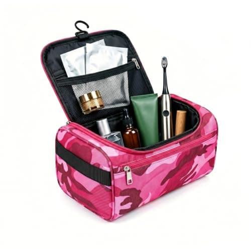 Camouflage Wash Bag for Boys Kids Men Women, Waterproof Toiletry Bag with Hanging Hook, Portable Travel Wash Bag for School Gym Camping Dorm Bathroom Organizer, Blue Camo 1 Pack (Pink M)
